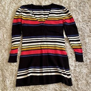 Free People Black Multi Color Striped V Neck Long Sleeve Sweater Dress Small NEW